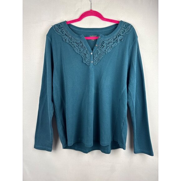 NorthCrest Womens Plus Size 1X Teal Long Sleeve Top With Lace Detail - Picture 2 of 4